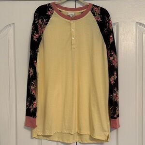 LuLaRoe Floral Sleeve Yellow Henley Top